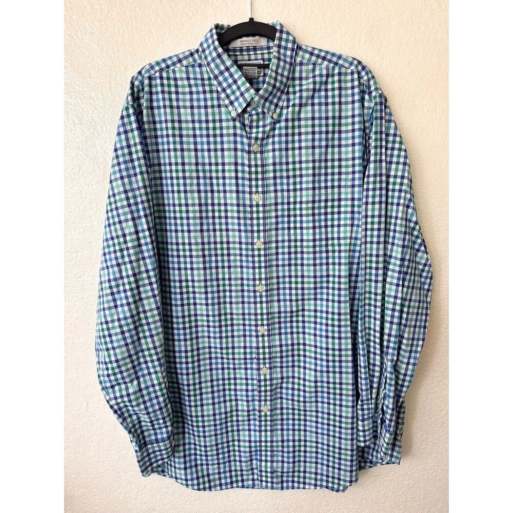 L.L. Bean Large Tall Men's Button-Down Shirt Blue Checked 100% Cotton Church